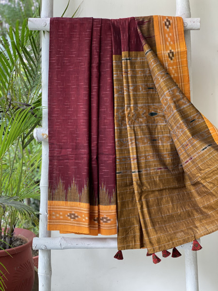 MAROON-MUSTARD cotton 'JHARNA' ODISHA ikkat woven sari