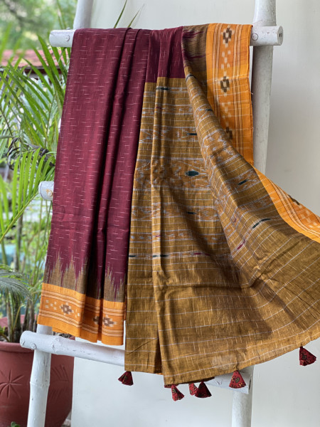MAROON-MUSTARD cotton 'JHARNA' ODISHA ikkat woven sari