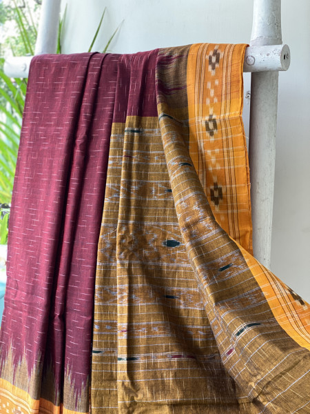MAROON-MUSTARD cotton 'JHARNA' ODISHA ikkat woven sari