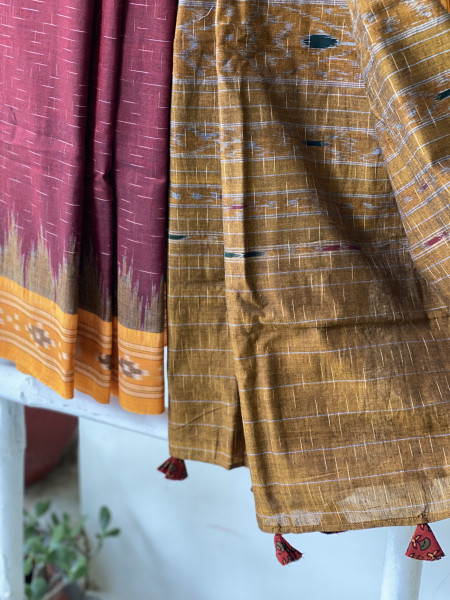 MAROON-MUSTARD cotton 'JHARNA' ODISHA ikkat woven sari