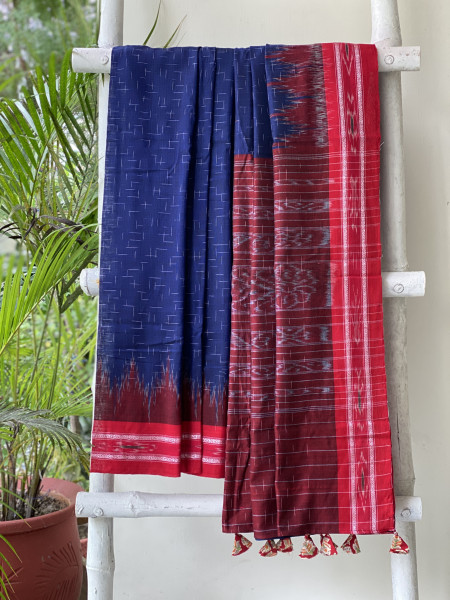 INDIGO-RED cotton 'JHARNA' ODISHA ikkat woven sari