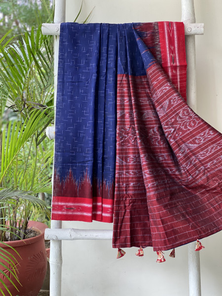 INDIGO-RED cotton 'JHARNA' ODISHA ikkat woven sari