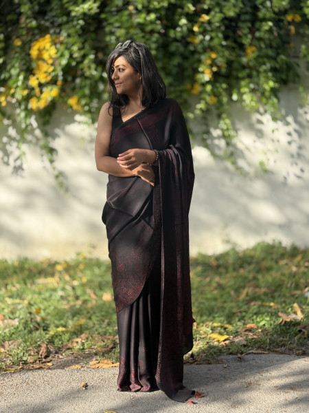 BLACK-MAROON MODAL SILK AJRAKH BLOCK PRINT SARI