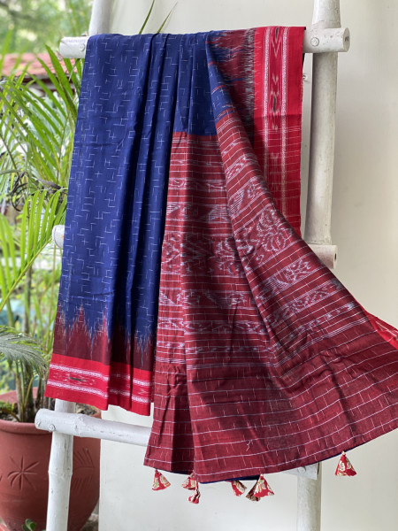 INDIGO-RED cotton 'JHARNA' ODISHA ikkat woven sari