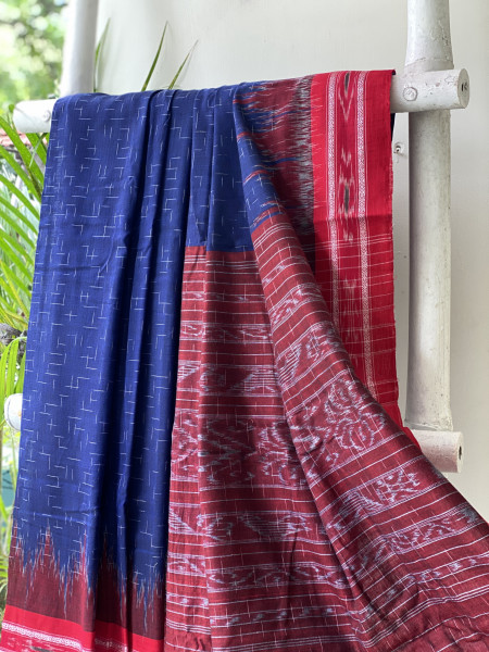 INDIGO-RED cotton 'JHARNA' ODISHA ikkat woven sari