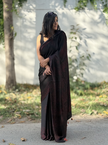 BLACK-MAROON MODAL SILK AJRAKH BLOCK PRINT SARI