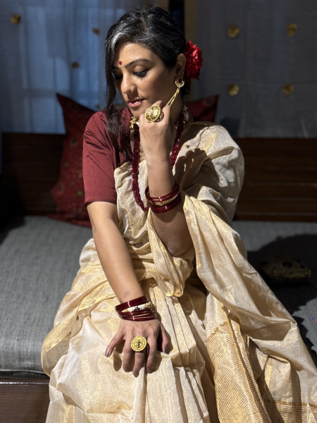 'MANJARI' IVORY ZARI WOVEN MAHESHWARI SILK  SARI