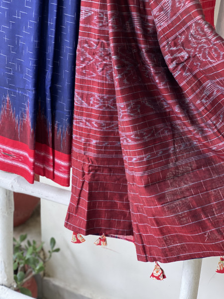 INDIGO-RED cotton 'JHARNA' ODISHA ikkat woven sari