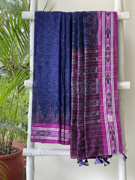 INDIGO-PURPLE cotton 'JHARNA' ODISHA ikkat woven sari