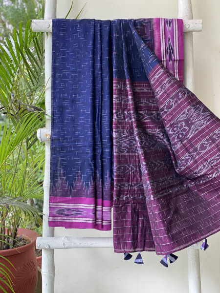 INDIGO-PURPLE cotton 'JHARNA' ODISHA ikkat woven sari