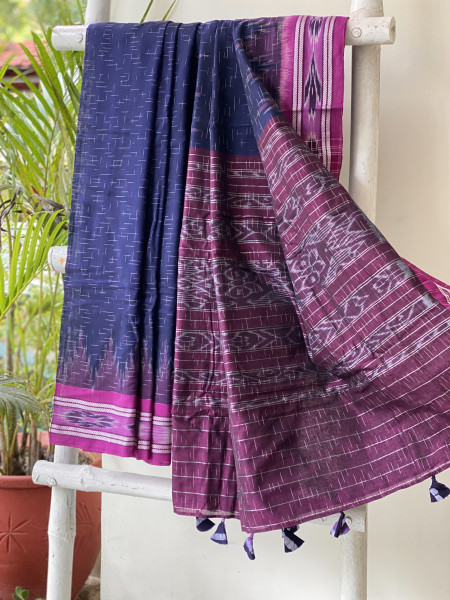 INDIGO-PURPLE cotton 'JHARNA' ODISHA ikkat woven sari