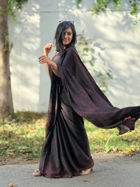 BLACK-MAROON MODAL SILK AJRAKH BLOCK PRINT SARI