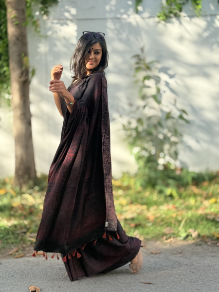BLACK-MAROON MODAL SILK AJRAKH BLOCK PRINT SARI