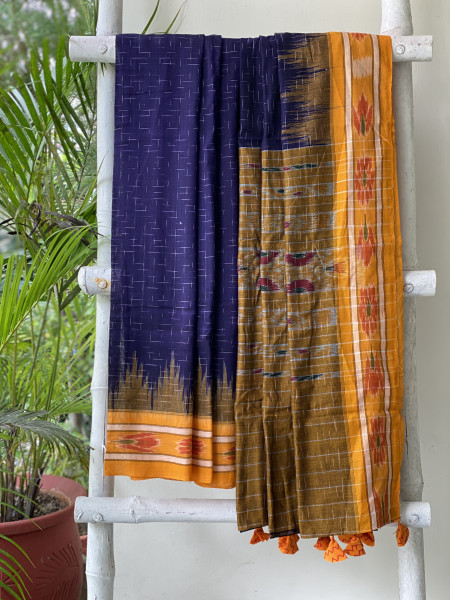 INDIGO-MUSTARD cotton 'JHARNA' ODISHA ikkat woven sari