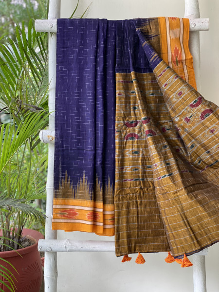 INDIGO-MUSTARD cotton 'JHARNA' ODISHA ikkat woven sari