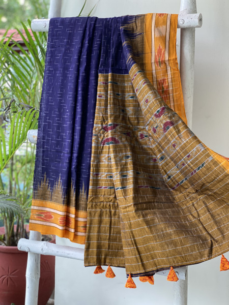 INDIGO-MUSTARD cotton 'JHARNA' ODISHA ikkat woven sari