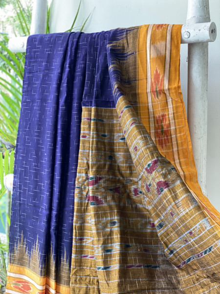 INDIGO-MUSTARD cotton 'JHARNA' ODISHA ikkat woven sari