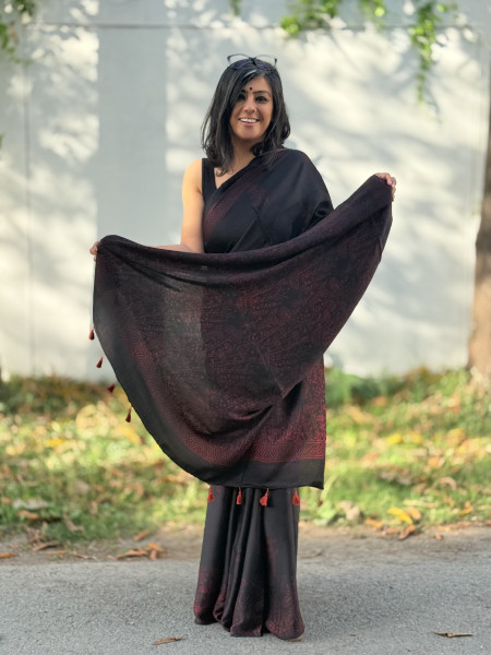 BLACK-MAROON MODAL SILK AJRAKH BLOCK PRINT SARI