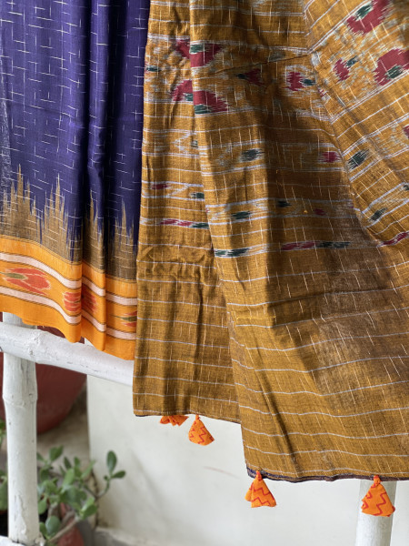 INDIGO-MUSTARD cotton 'JHARNA' ODISHA ikkat woven sari