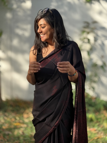 BLACK-MAROON MODAL SILK AJRAKH BLOCK PRINT SARI