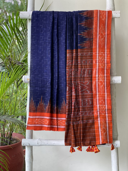 INDIGO-ORANGE cotton 'JHARNA' ODISHA  ikkat woven sari