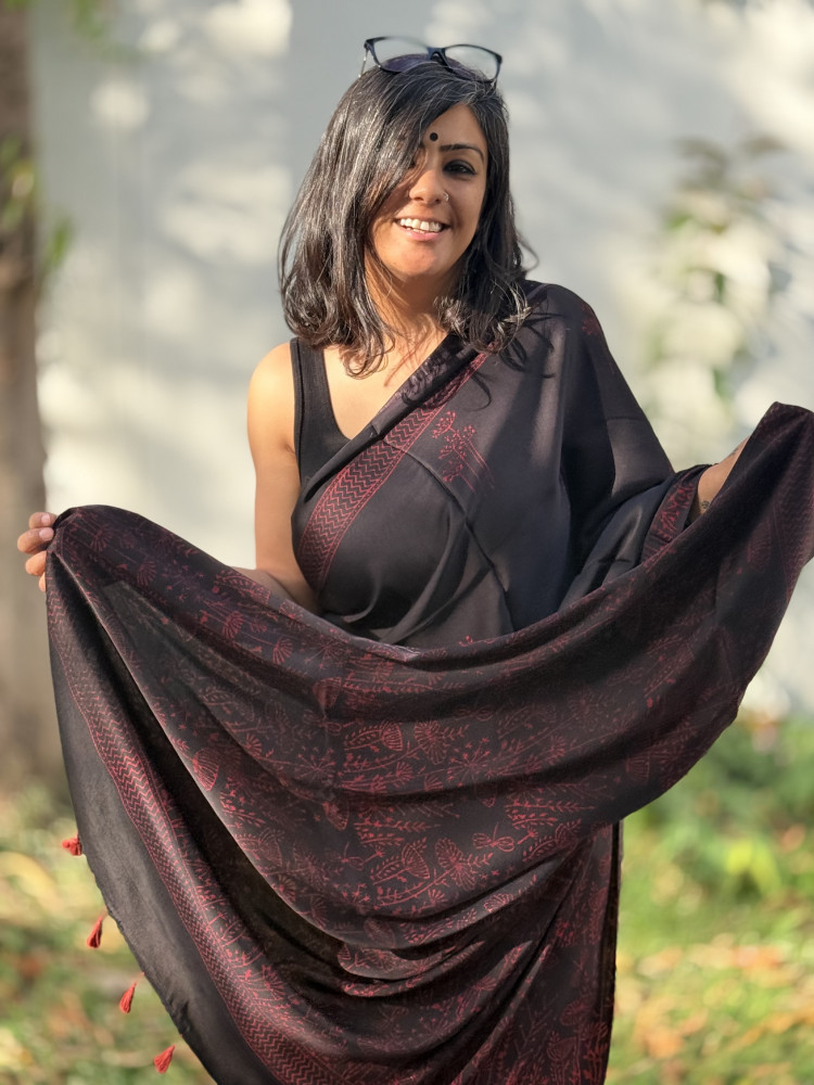 Image of BLACK-MAROON MODAL SILK AJRAKH BLOCK PRINT SARI