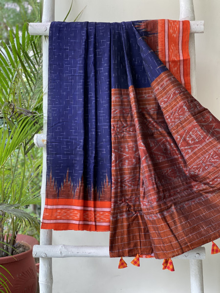 INDIGO-ORANGE cotton 'JHARNA' ODISHA  ikkat woven sari
