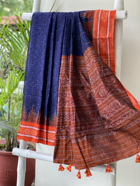 INDIGO-ORANGE cotton 'JHARNA' ODISHA  ikkat woven sari