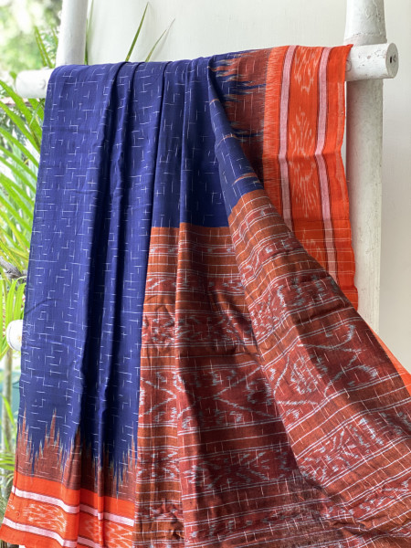 INDIGO-ORANGE cotton 'JHARNA' ODISHA  ikkat woven sari