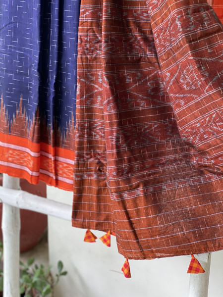 INDIGO-ORANGE cotton 'JHARNA' ODISHA  ikkat woven sari