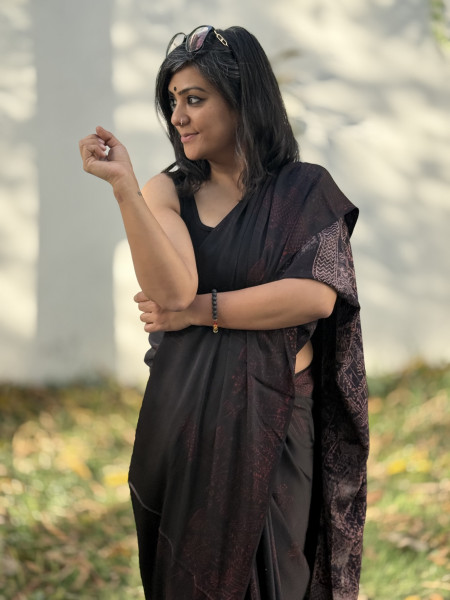BLACK-MAROON MODAL SILK AJRAKH BLOCK PRINT SARI