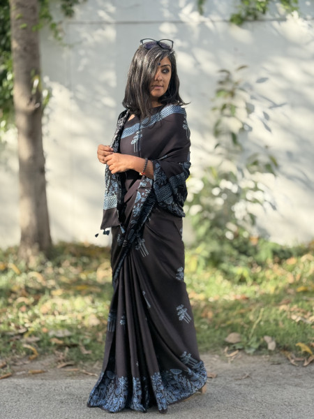 BLACK-INDIGO MODAL SILK AJRAKH BLOCK PRINT SARI