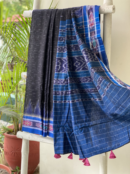 BLACK-INDIGO cotton 'JHARNA' ODISHA ikkat woven sari