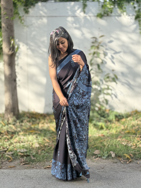 BLACK-INDIGO MODAL SILK AJRAKH BLOCK PRINT SARI