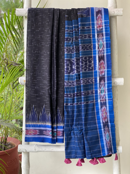 BLACK-INDIGO cotton 'JHARNA' ODISHA ikkat woven sari