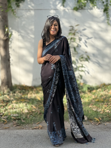 BLACK-INDIGO MODAL SILK AJRAKH BLOCK PRINT SARI