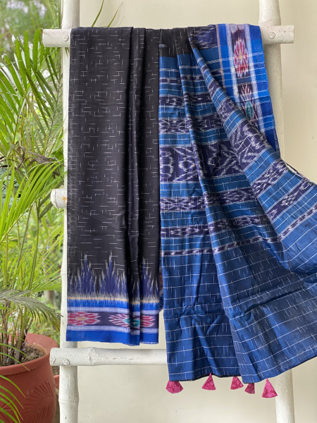 BLACK-INDIGO cotton 'JHARNA' ODISHA ikkat woven sari