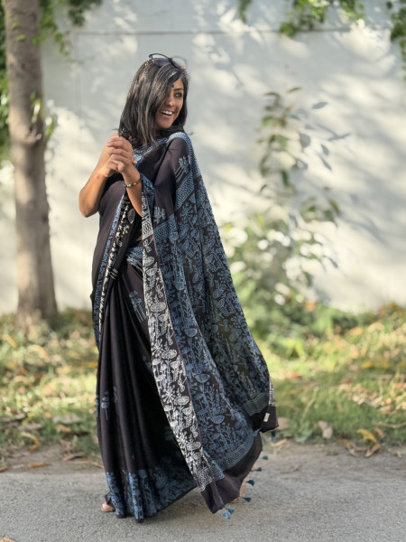 BLACK-INDIGO MODAL SILK AJRAKH BLOCK PRINT SARI