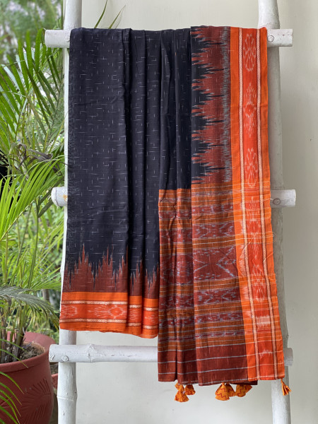 BLACK-ORANGE cotton 'JHARNA' ODISHA ikkat woven sari
