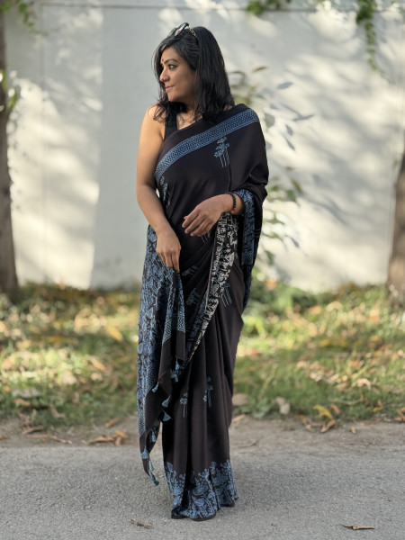 BLACK-INDIGO MODAL SILK AJRAKH BLOCK PRINT SARI