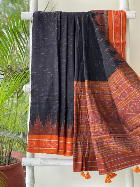BLACK-ORANGE cotton 'JHARNA' ODISHA ikkat woven sari