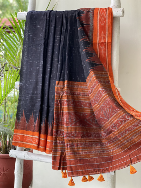 BLACK-ORANGE cotton 'JHARNA' ODISHA ikkat woven sari
