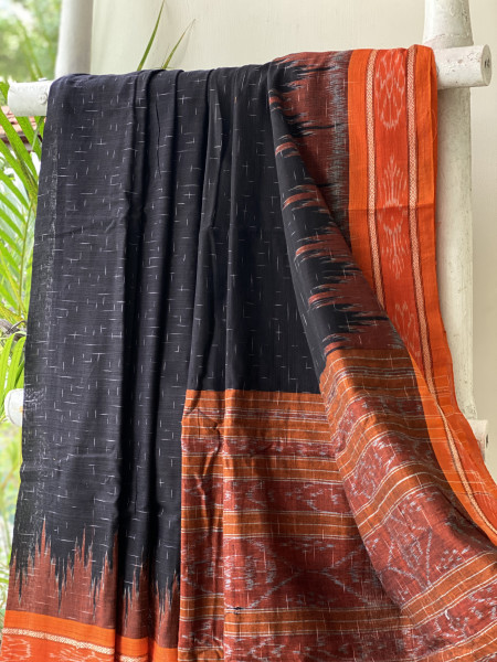 BLACK-ORANGE cotton 'JHARNA' ODISHA ikkat woven sari