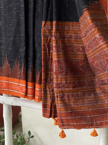 BLACK-ORANGE cotton 'JHARNA' ODISHA ikkat woven sari