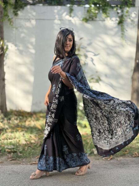 BLACK-INDIGO MODAL SILK AJRAKH BLOCK PRINT SARI