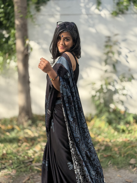 BLACK-INDIGO MODAL SILK AJRAKH BLOCK PRINT SARI