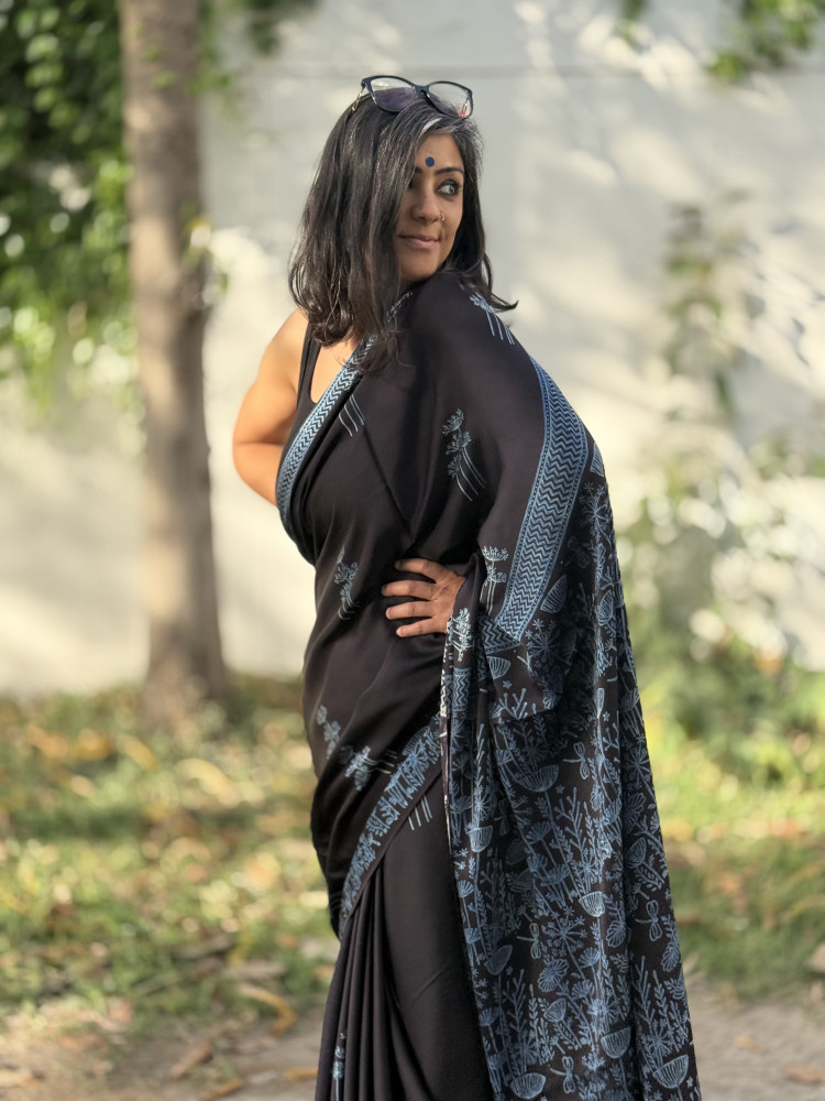 Image of BLACK-INDIGO MODAL SILK AJRAKH BLOCK PRINT SARI