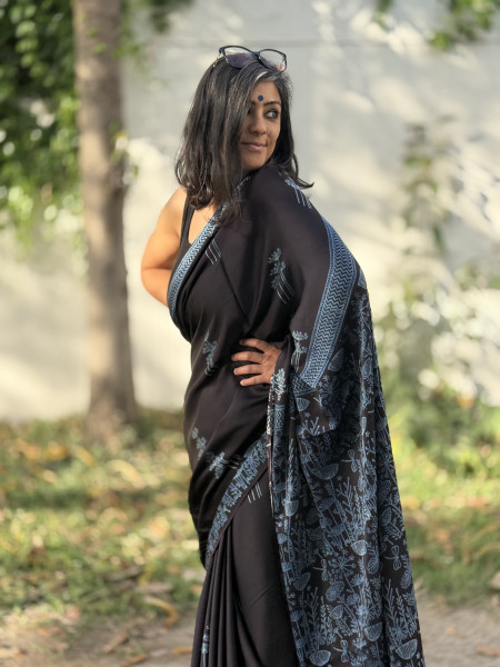 BLACK-INDIGO MODAL SILK AJRAKH BLOCK PRINT SARI