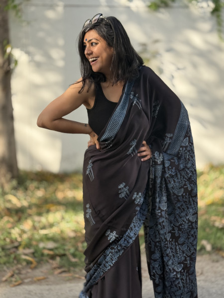 BLACK-INDIGO MODAL SILK AJRAKH BLOCK PRINT SARI