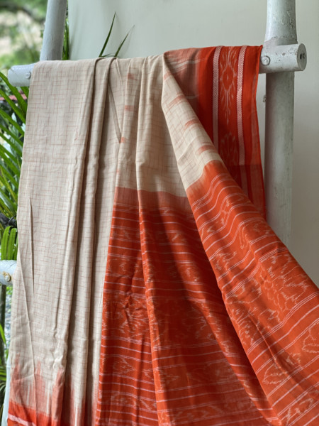 BEIGE-ORANGE cotton 'JHARNA' ODISHA ikkat woven sari